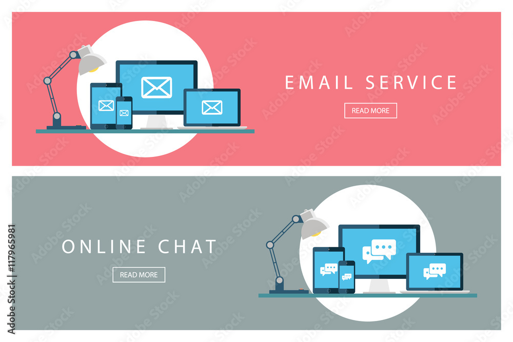 Poster set of flat design concepts email service and online chat. banners for web design, marketing and pro