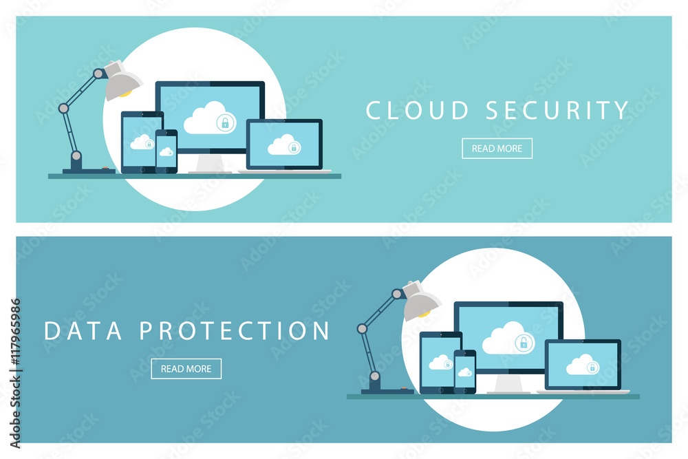 Poster Set of flat design illustration concepts Cloud security and Data protection. Banners for web design, marketing and promotion. Presentation templates. Vector illustration.