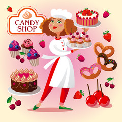 vector set. pastry cook girl in the pastry shop. Vector set with cakes and muffins. illustration in cartoon style.