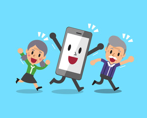 Cartoon senior people with smartphone