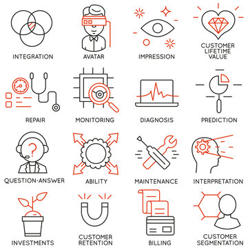Vector set of 16 icons related to business management, strategy, career progress and business process. Mono line pictograms and infographics design elements - part 16