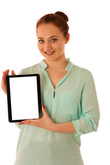 Business woman brousing the web on a tablet isolated over white