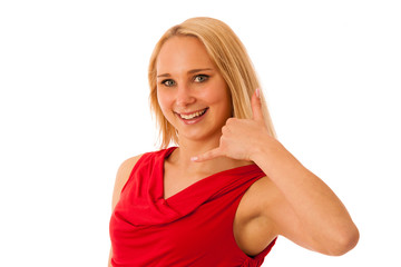 Blond woman in red shirt gestures call me isolated over white