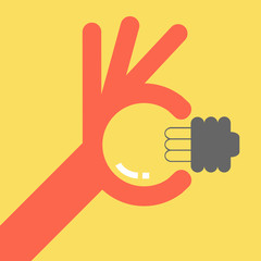 Light bulb idea with OK hand. Bulb sign. OK hand. OK finger. Idea like Bulb. Flat design for business financial marketing advertising commercial background concept cartoon illustration.
