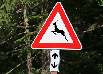 road sign caution crossing deer
