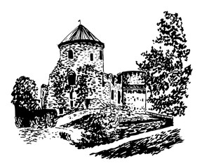 drawing an old castle in Cesis  near Riga, Latvia, sketch, hand-drawn vector illustration