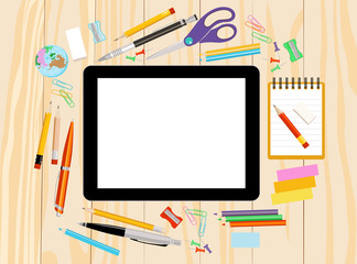 Modern flat vector illustration, tablet PC with school office supplies on wooden background
