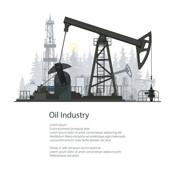 Pumpjack or Oil Pump Isolated on White Background, Oil Horse, Pumping Unit, Gasshopper Pump, Oil Industry, Overground Drive for a Reciprocating Piston Pump in an Oil Well, Poster Brochure Flyer Design