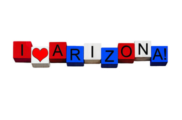 I Love Arizona, sign or banner design, American states, travel. Isolated.