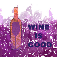 Wine tasting card, with colored bottle and a glass over a dark pink background. Digital vector image.