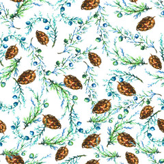 
Watercolor, vintage seamless patterns with floral pattern of the branches of juniper with berries, pine needles and pine cones. For packaging, textiles, postcards and other design