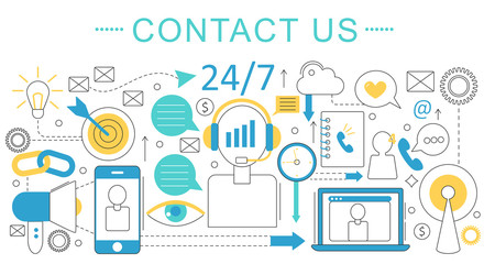 Vector elegant thin line flat modern Art design Contact us support concept. Website header banner elements layout. Presentation, flyer and poster.