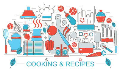Modern Flat thin Line design kitchen Cooking and recipes concept for web banner website, presentation, flyer and poster.