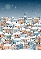 Sketch of abstract snowy village under night sky for christmas design