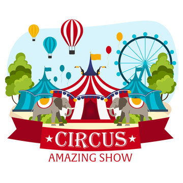 Circus Tents With Banner. Amazing show. Flat illustration