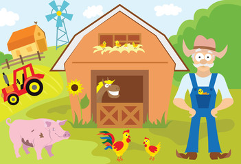 Big set of cartoon characters and elements of the farm.