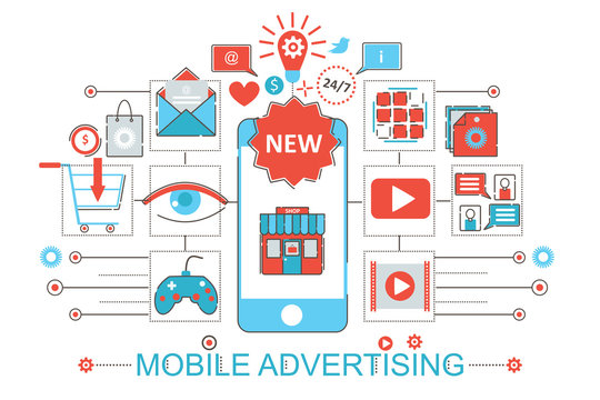 Modern Flat thin Line design Mobile advertising advertisment concept for web banner website, presentation, flyer and poster.