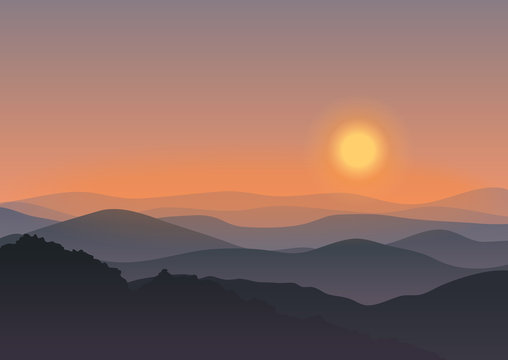 Cartoon mountain landscape in sunset. Background Outdoor Recreation concept illustration.