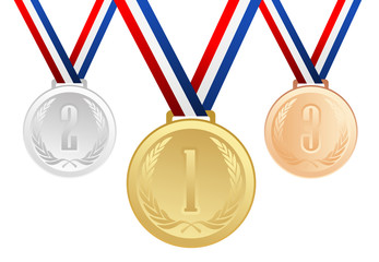 Set of gold, silver and bronze medals with ribbons