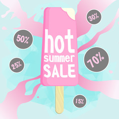 Hot summer sale. Melting ice cream. Brochure design or flayer template, vector illustration