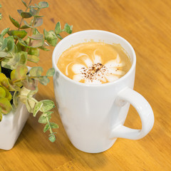 Cup of coffee and small plant in a pot on wooden background
