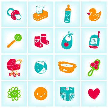 Vector set with baby icons over blue background