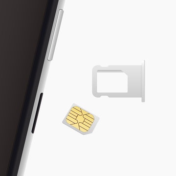 Small Nano Sim Card, Sim Card Tray for Smartphone. Vector objects isolated on white. Realistic illustration. Top view.