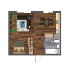 Architectural Color Floor Plan. Studio Apartment Vector Illustration. Top View Furniture Set. Living room, Kitchen, Bathroom. Sofa, Armchair, Bed, Dining Table, Chair, Carpet