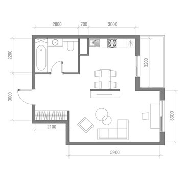 Architectural Floor Plan with Dimensions. Studio Apartment Vector Illustration. Top View Furniture Set. Living room, Kitchen, Bathroom. Sofa, Armchair, Bed, Dining Table, Chair, Carpet.