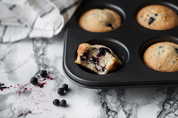Blueberry muffins in baking dish