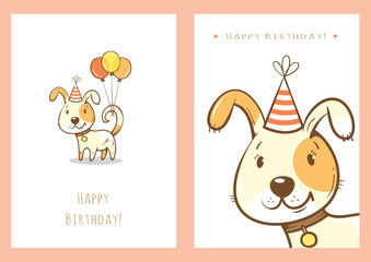 Birthday cards set with cute cartoon dogs. Balloons and party hats. Vector contour image. Little puppies. Funny animals.