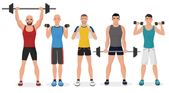 Fitness men male in gym set. Healthy lifestyle guys make exercises and gymnastics with barbells and dumbbells.