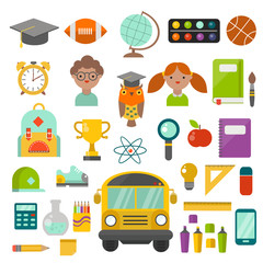 Back to school flat design supplies vector set. Education icons.