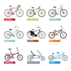Different kind os bicycles, colour silhouettes set. Vector modern illustration and design element on white background.