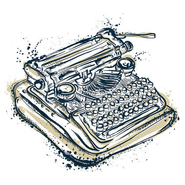 Vintage typewriter with ink splashes. Hand drawn vector illustration