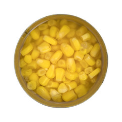 Opened can of organic sweet corn on a white background.