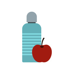 Bottle of water and red apple icon in flat style on a white background