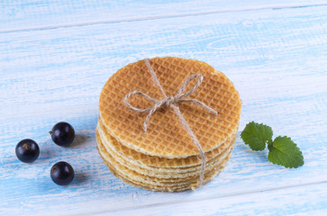 Stack of Dutch caramel waffles. Strack of Traditional Dutch waffle called Stroopwafel on. 