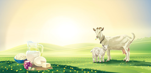 Dawn rural landscape with goat and kid and set dairy product. Raster illustration. 