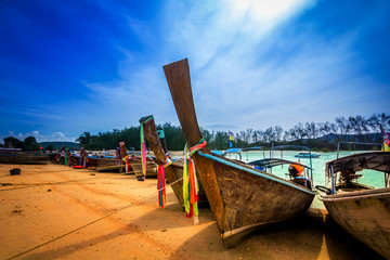 many boats on the sea with blue sky  at Krabi province ,Thailand