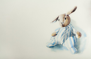 Watercolor painting a toy rabbit in the Striped Pyjamas.