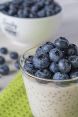 Tapioca pudding with fresh blueberries on the top. Sitting on a white wood table and a green cloth. White bowl of fresh blueberries in the background.