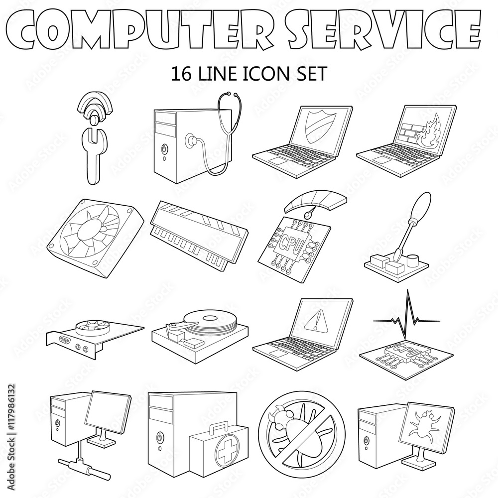 Poster outline computer service icons set. universal computer service icons to use for web and mobile ui, s