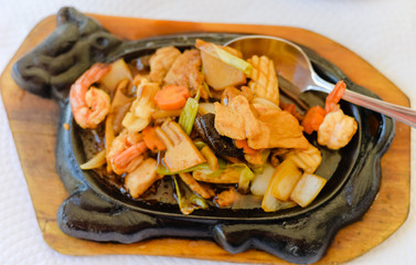 Asian food on light table background, closeup top side view