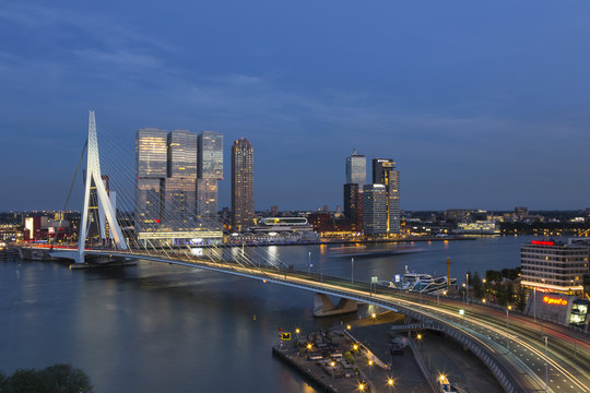 Netherlands, Rotterdam, Erasmusbrug and Nhow Hotel in the evening, blue hour