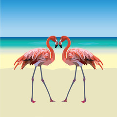 Two flamingo birds forming a shape of a heart. Tropic Exotic Beach background. Summer Vector Travel card