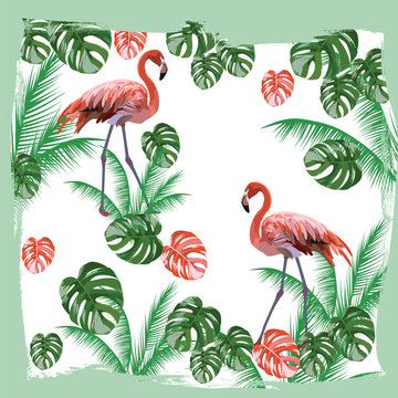 Flamingo birds and palm leaves Vector card. Tropic Exotic background