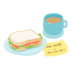 Ham sandwich and hot coffee vector illustration