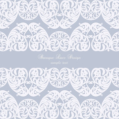 Vintage Invitation Card with Luxurious lace Baroque ornament. White and Serenity blue color