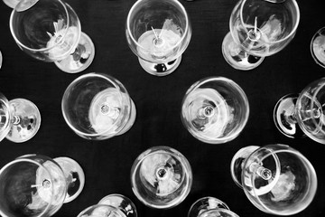 Empty glasses set in restaurant, top view